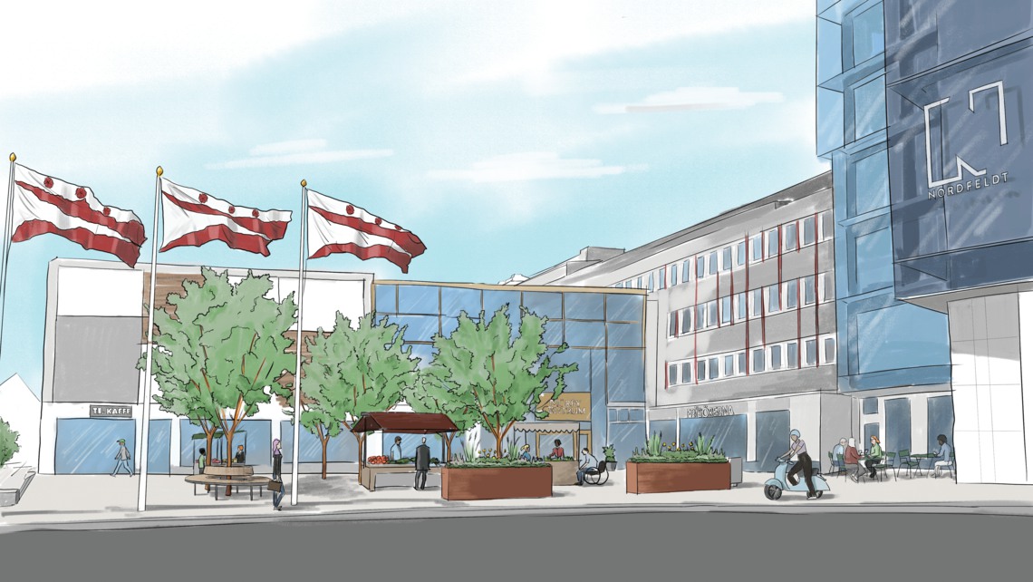 Illustration som visar hur södra torget i Mörby centrum ska utvecklas.