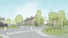 En ny detaljplan för fastigheten Klövergärdet 1 i Stocksund håller på att tas fram. Här visar en skiss de småhus på rad som fastighetsägaren vill få lov att bygga. (2025)