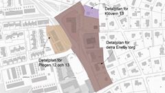 Kartillustration över detaljplanerna för östra Enebytorg, Plogen 12 och 13 och Klövern 13