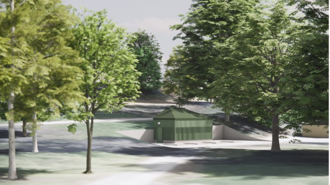 En skiss över den planerade pumpstationen i Samsöparken i Djursholm.